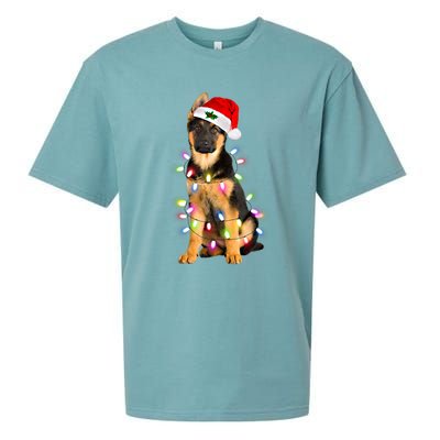 Merry Christmas Ger Shepherd Santa Hat Lights Xmas Funny Gift Sueded Cloud Jersey T-Shirt