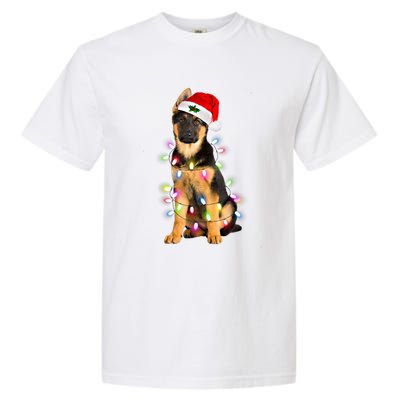 Merry Christmas Ger Shepherd Santa Hat Lights Xmas Funny Gift Garment-Dyed Heavyweight T-Shirt