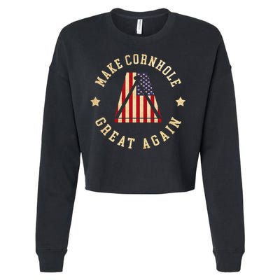 Make Cornhole Great Again Funny Cornhole American Flag Great Gift Cropped Pullover Crew