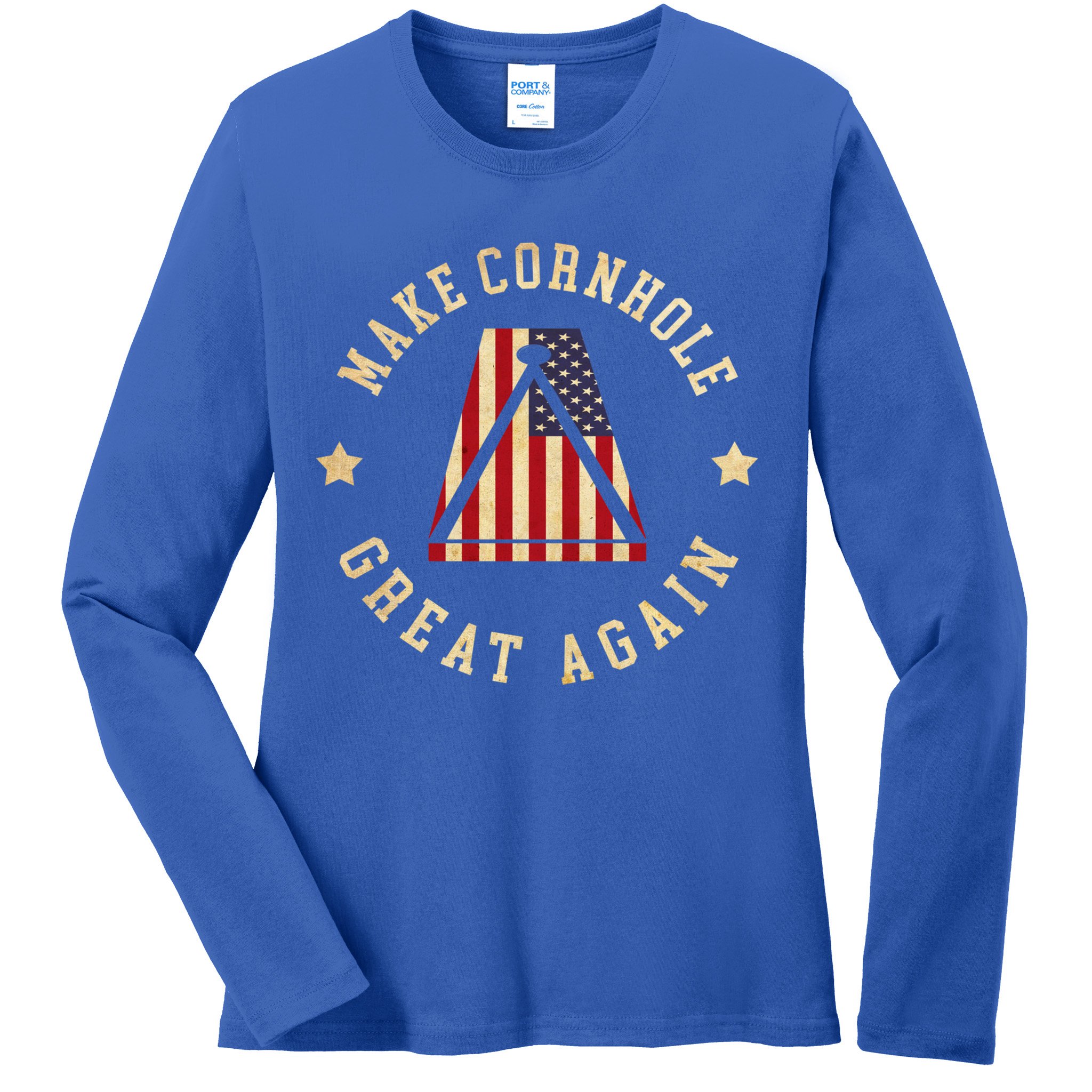 Make Cornhole Great Again Funny Cornhole American Flag Great Gift Ladies Long Sleeve Shirt