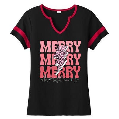 Merry Christmas Groovy Retro Lightning Bolt Ladies Halftime Notch Neck Tee