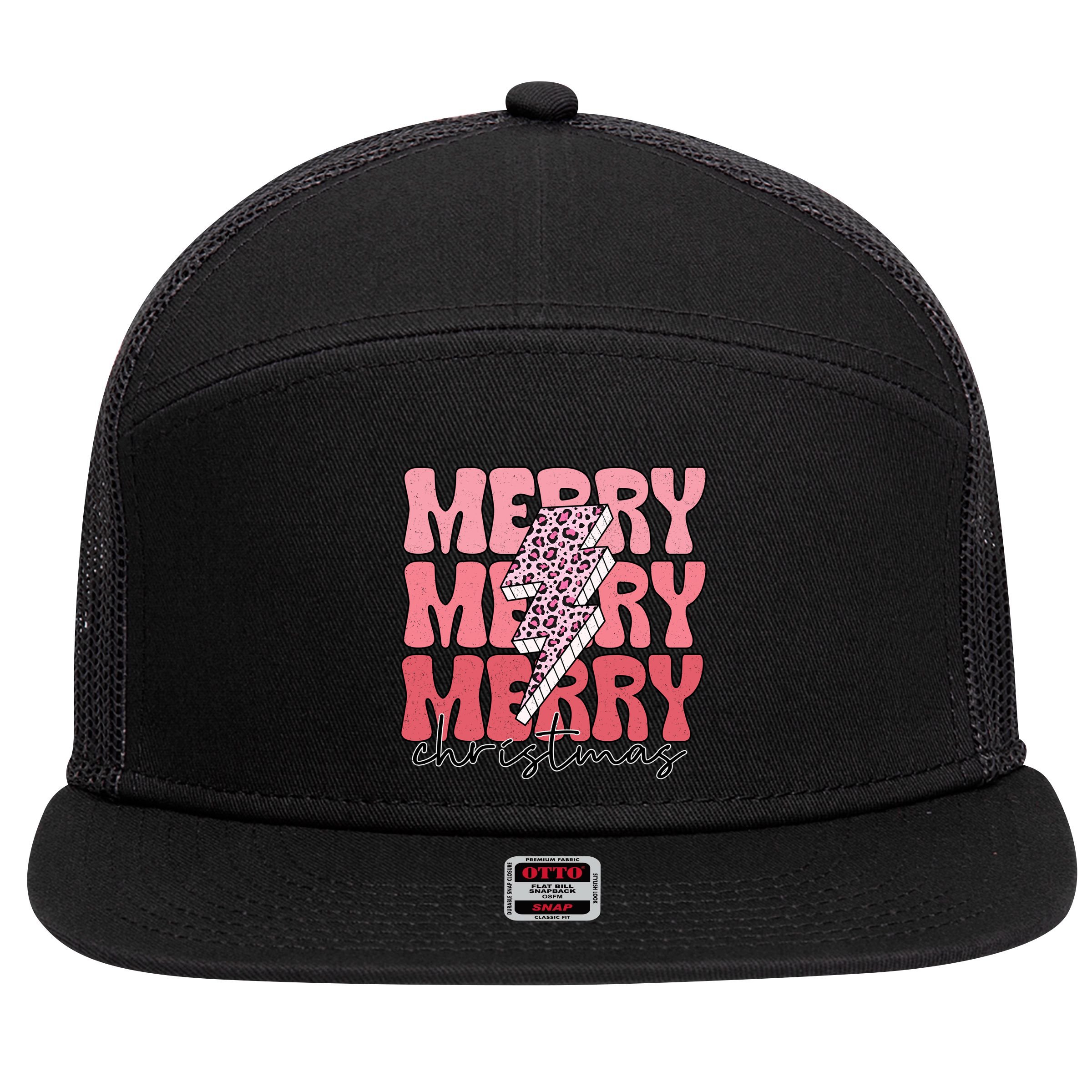 Merry Christmas Groovy Retro Lightning Bolt 7 Panel Mesh Trucker Snapback Hat