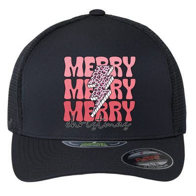 Merry Christmas Groovy Retro Lightning Bolt Flexfit Unipanel Trucker Cap