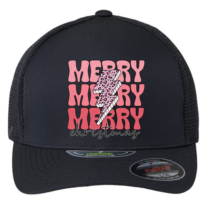 Merry Christmas Groovy Retro Lightning Bolt Flexfit Unipanel Trucker Cap