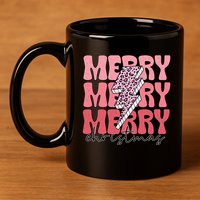 Merry Christmas Groovy Retro Lightning Bolt 11oz C Handle Ceramic Mug