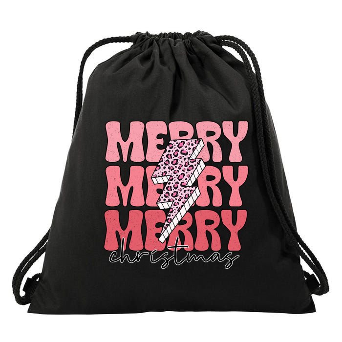 Merry Christmas Groovy Retro Lightning Bolt Drawstring Bag