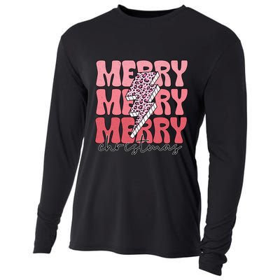 Merry Christmas Groovy Retro Lightning Bolt Cooling Performance Long Sleeve Crew