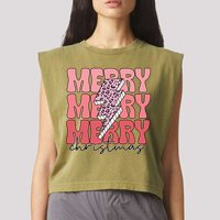 Merry Christmas Groovy Retro Lightning Bolt Garment-Dyed Women's Muscle Tee