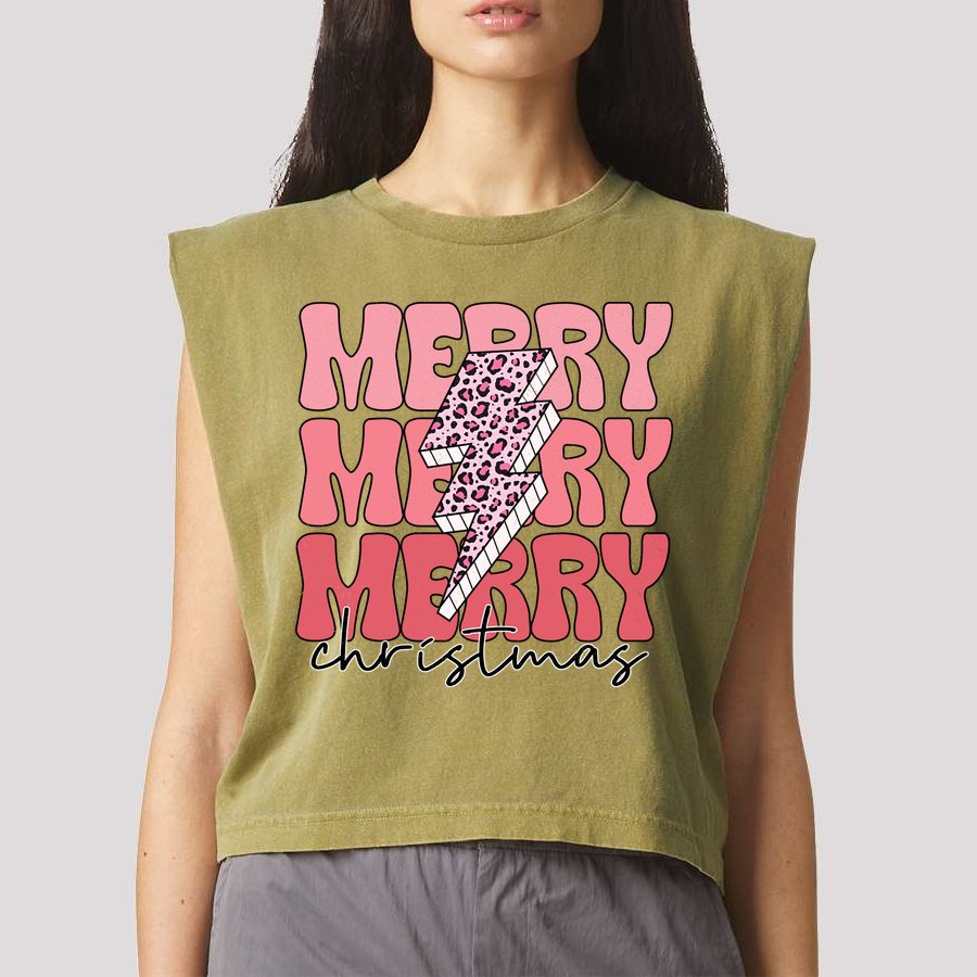Merry Christmas Groovy Retro Lightning Bolt Garment-Dyed Women's Muscle Tee