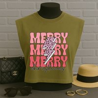 Merry Christmas Groovy Retro Lightning Bolt Garment-Dyed Women's Muscle Tee