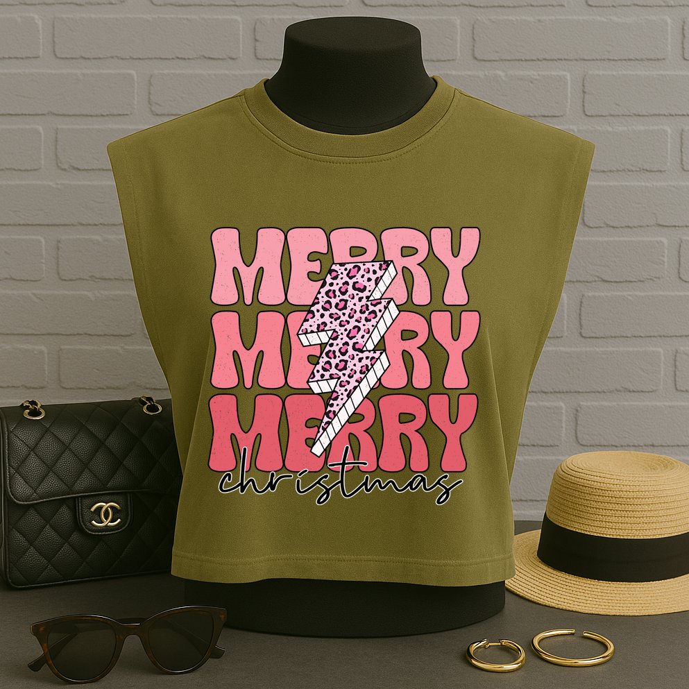 Merry Christmas Groovy Retro Lightning Bolt Garment-Dyed Women's Muscle Tee