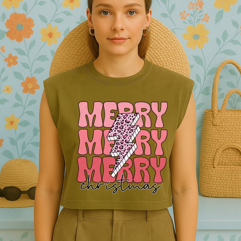 Merry Christmas Groovy Retro Lightning Bolt Garment-Dyed Women's Muscle Tee