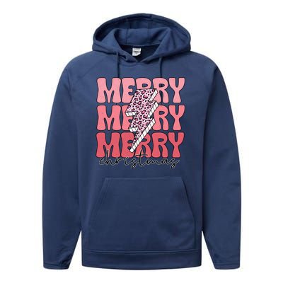 Merry Christmas Groovy Retro Lightning Bolt Performance Fleece Hoodie