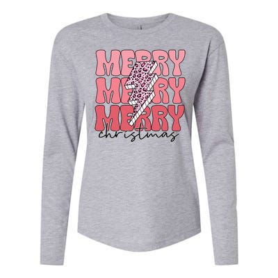 Merry Christmas Groovy Retro Lightning Bolt Womens Cotton Relaxed Long Sleeve T-Shirt