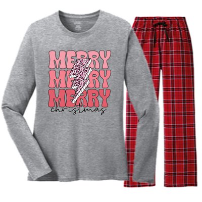 Merry Christmas Groovy Retro Lightning Bolt Women's Long Sleeve Flannel Pajama Set 