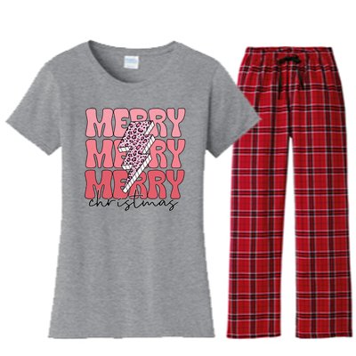 Merry Christmas Groovy Retro Lightning Bolt Women's Flannel Pajama Set