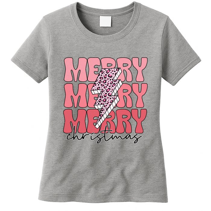 Merry Christmas Groovy Retro Lightning Bolt Womens T-Shirt