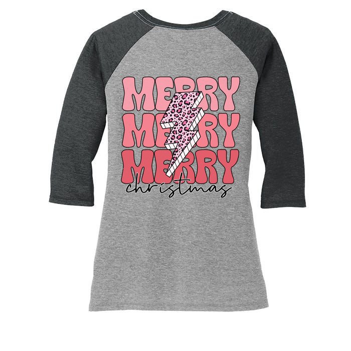 Merry Christmas Groovy Retro Lightning Bolt Women's Tri-Blend 3/4-Sleeve Raglan Shirt