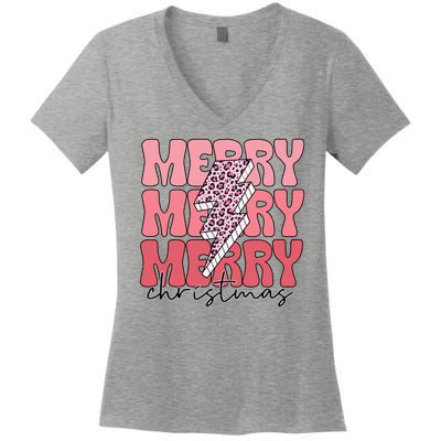 Merry Christmas Groovy Retro Lightning Bolt Women's V-Neck T-Shirt