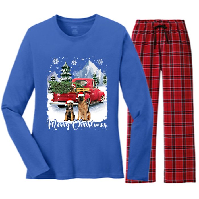 Merry Christmas Ger Shepherds Santa Red Truck Xmas Tree Gift Women's Long Sleeve Flannel Pajama Set 