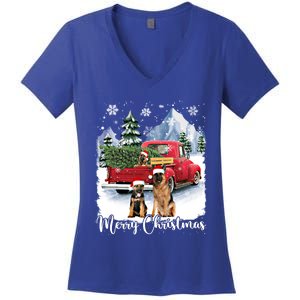 Merry Christmas Ger Shepherds Santa Red Truck Xmas Tree Gift Women's V-Neck T-Shirt