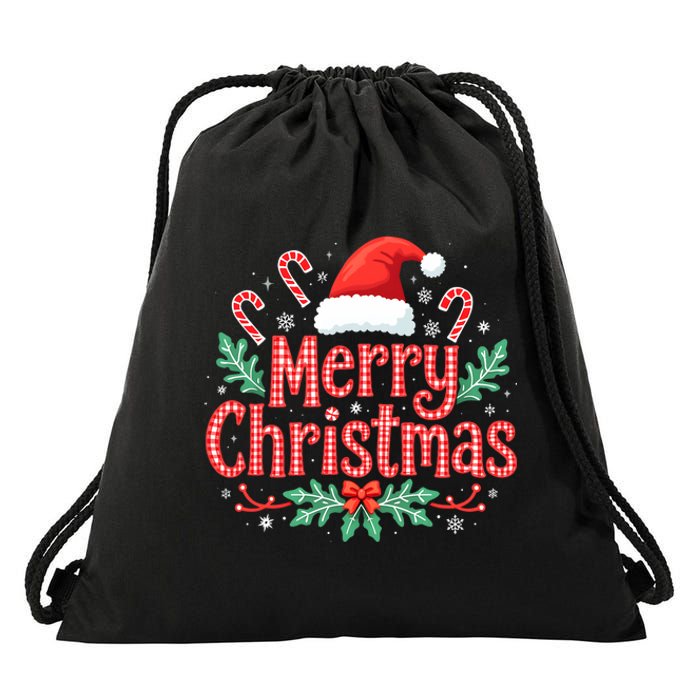 Merry Christmas Gifts Lights Red Santa Hat Drawstring Bag