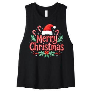 Merry Christmas Gifts Lights Red Santa Hat Women's Racerback Cropped Tank