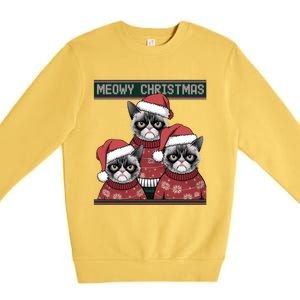 Meowy Christmas Grumpy Annoyed Cat Ugly Design Gift Premium Crewneck Sweatshirt