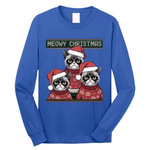 Meowy Christmas Grumpy Annoyed Cat Ugly Design Gift Long Sleeve Shirt