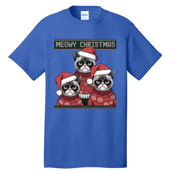 Meowy Christmas Grumpy Annoyed Cat Ugly Design Gift Tall T-Shirt