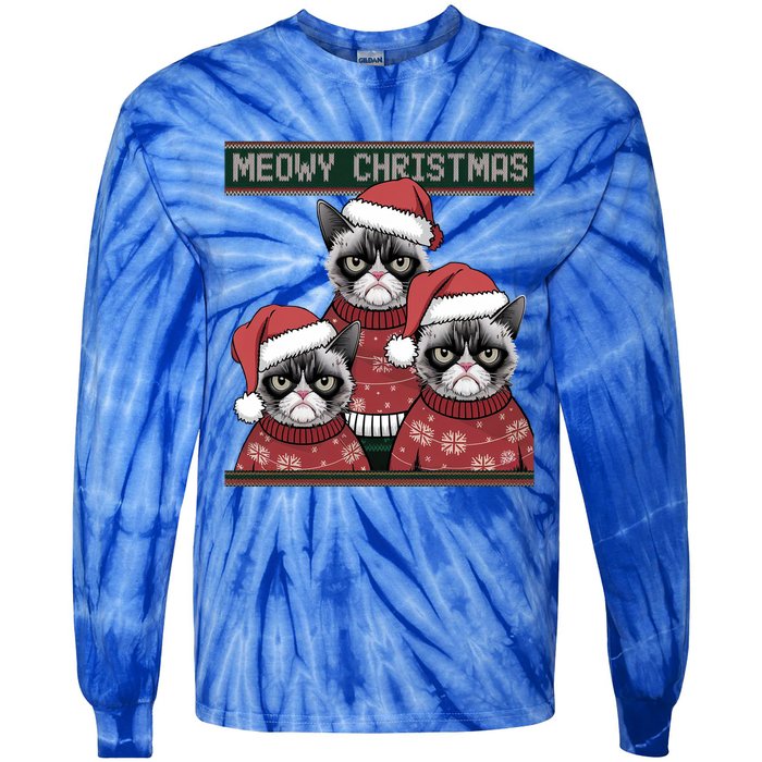 Meowy Christmas Grumpy Annoyed Cat Ugly Design Gift Tie-Dye Long Sleeve Shirt