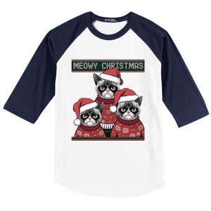 Meowy Christmas Grumpy Annoyed Cat Ugly Design Gift Baseball Sleeve Shirt