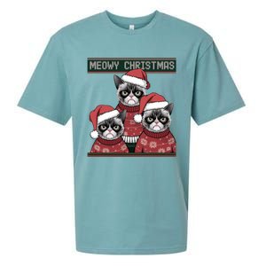 Meowy Christmas Grumpy Annoyed Cat Ugly Design Gift Sueded Cloud Jersey T-Shirt