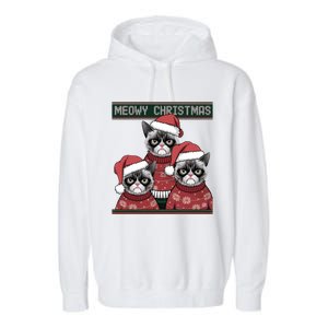 Meowy Christmas Grumpy Annoyed Cat Ugly Design Gift Garment-Dyed Fleece Hoodie