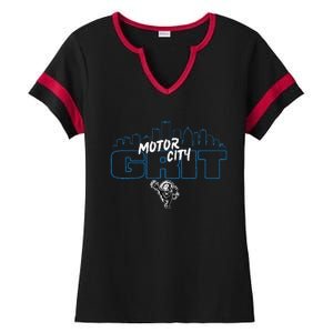 Motor City Grit Skyline With Lion Ladies Halftime Notch Neck Tee