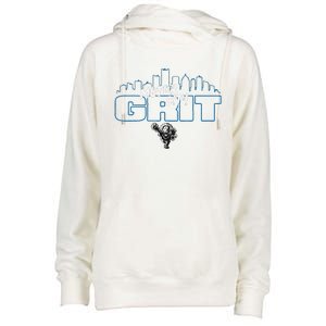 Motor City Grit Skyline With Lion Womens Funnel Neck Pullover Hood