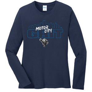 Motor City Grit Skyline With Lion Ladies Long Sleeve Shirt