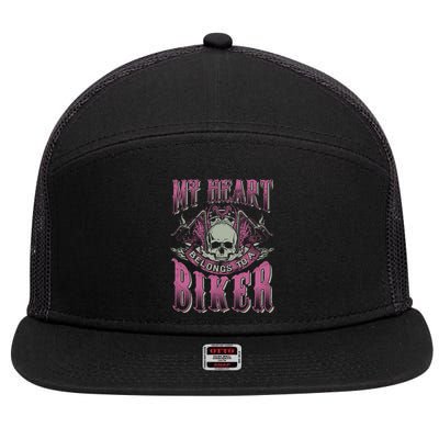 Motorcycle Cool Gift My Heart Belongs To Biker Wife Friend 7 Panel Mesh Trucker Snapback Hat