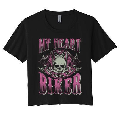 Motorcycle Cool Gift My Heart Belongs To Biker Wife Friend Women's Crop Top Tee