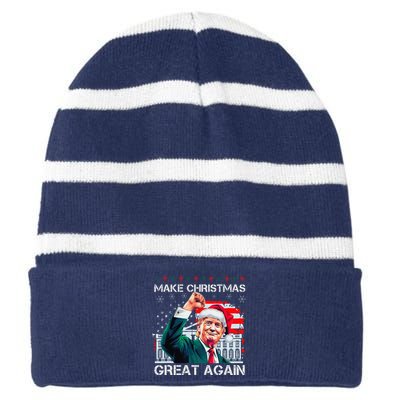 Make Christmas Great Again Funny Santa Trump 2024 Xmas Striped Beanie with Solid Band