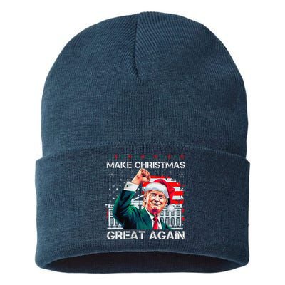 Make Christmas Great Again Funny Santa Trump 2024 Xmas Sustainable Knit Beanie