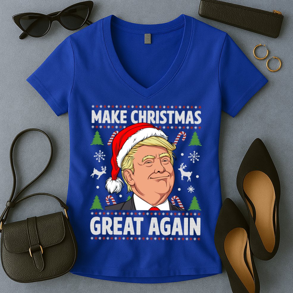 Make Christmas Great Again Funny Trump Ugly Christmas Gift Women's V-Neck T-Shirt