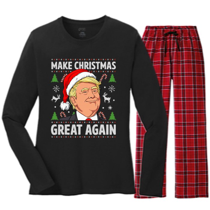 Make Christmas Great Again Funny Trump Ugly Christmas Women's Long Sleeve Flannel Pajama Set 