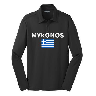 Mykonos City Greece Greek Flag Print Silk Touch Performance Long Sleeve Polo