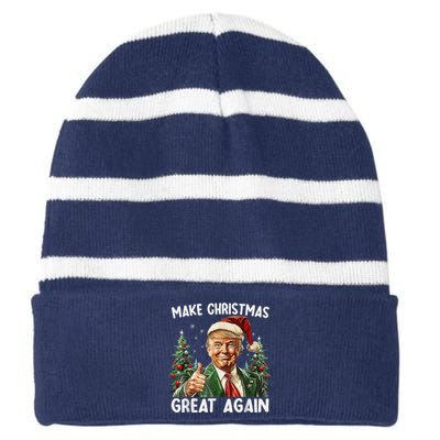 Make Christmas Great Again Funny Santa Trump 2024 Xmas Striped Beanie with Solid Band