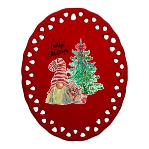 Merry Christmas Gnome Tree Festive Holiday Ceramic Oval Ornament