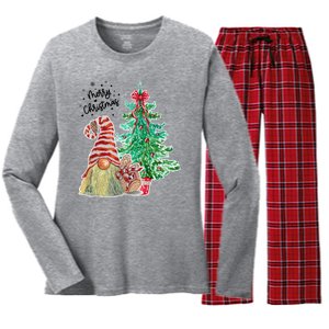 Merry Christmas Gnome Tree Festive Holiday Women's Long Sleeve Flannel Pajama Set 