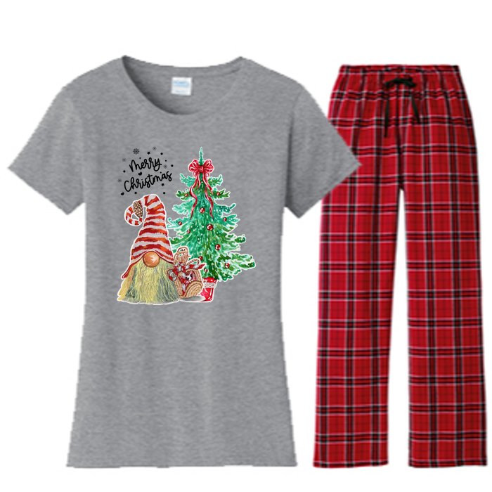 Merry Christmas Gnome Tree Festive Holiday Women's Flannel Pajama Set