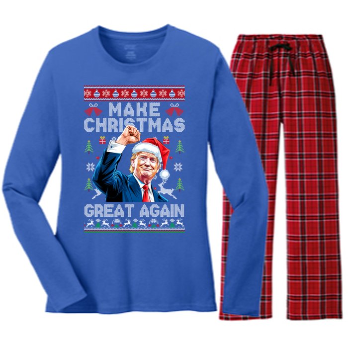 Make Christmas Great Again Funny Trump Ugly Christmas 2024 Gift Women's Long Sleeve Flannel Pajama Set 