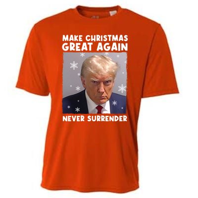 Make Christmas Great Again Trump Mug Shot Never Surrender Gift Cooling Performance Crew T-Shirt